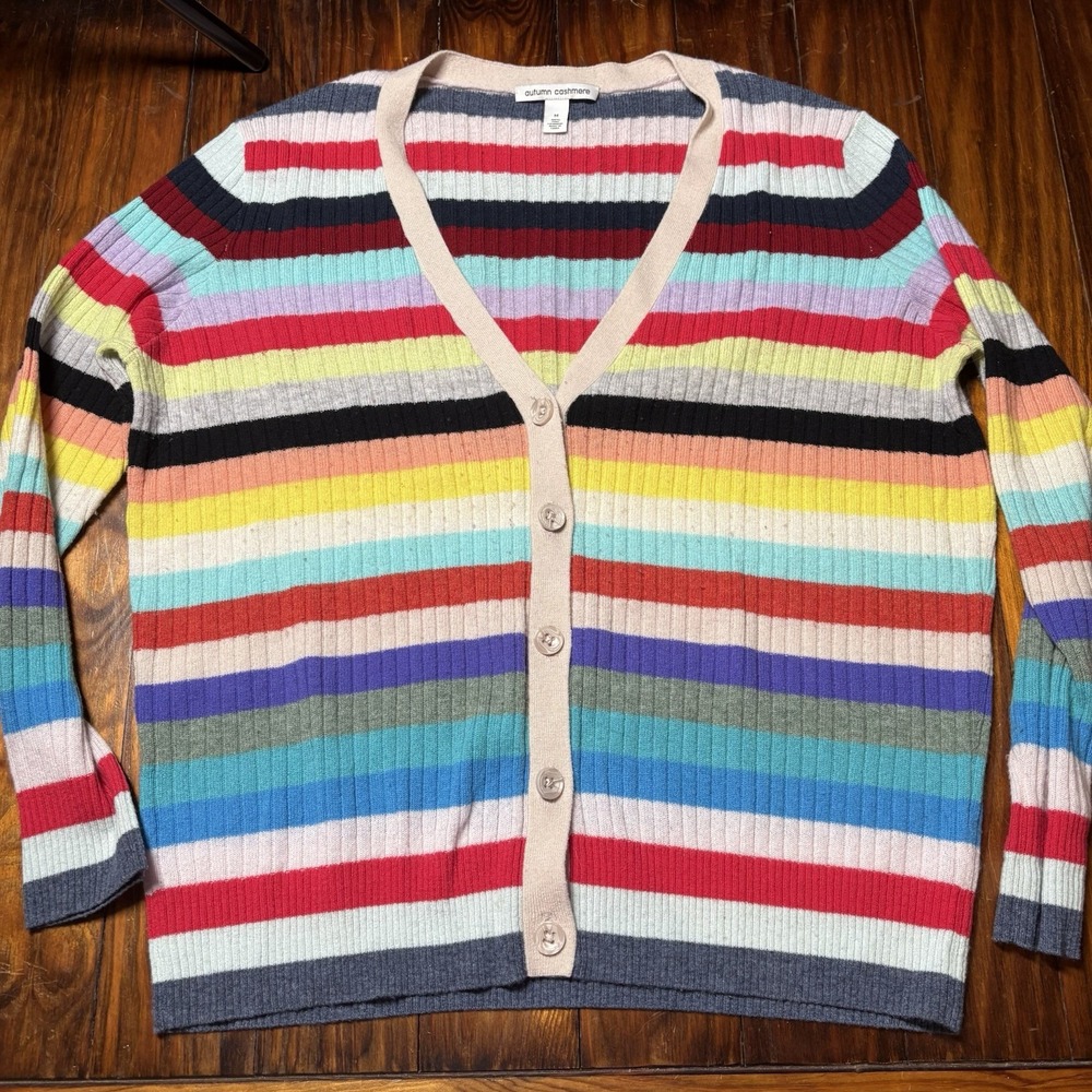 Autumn Cashmere Colorful Stripe 100% Cashmere Cardigan Sweater Sz M A150